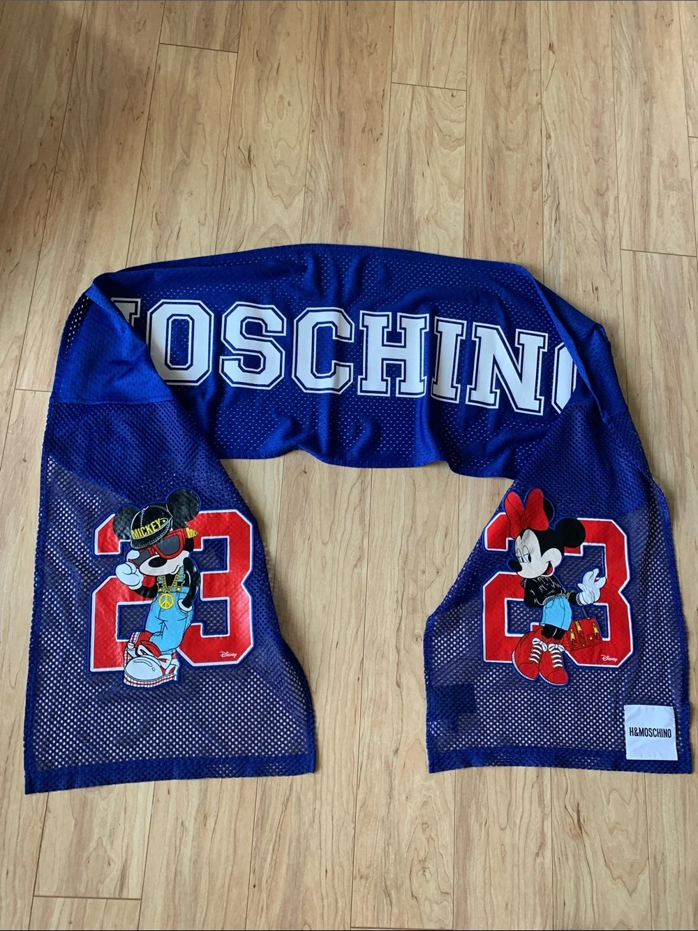 Moschino H&M Disney Blue Mesh Scarf with Mickey & Minnie Graphics
